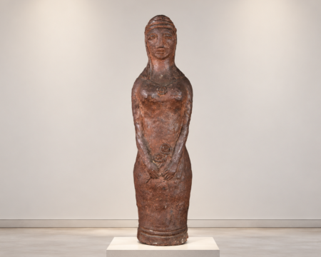 Anna HENISZ-LESZCZYŃSKA (1923-2007), Rzeźba "Dziewczyna z kwiatkiem", ceramika, lata 50-te. wys. 60 cm!